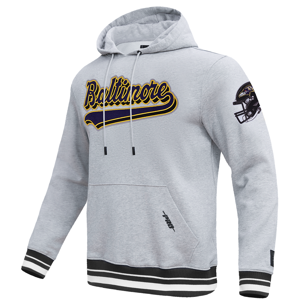 NFL BALTIMORE RAVENS SCRIPT TAIL MEN'S RIB FLC PO HOODIE (HEATHER GRAY/BLACK)