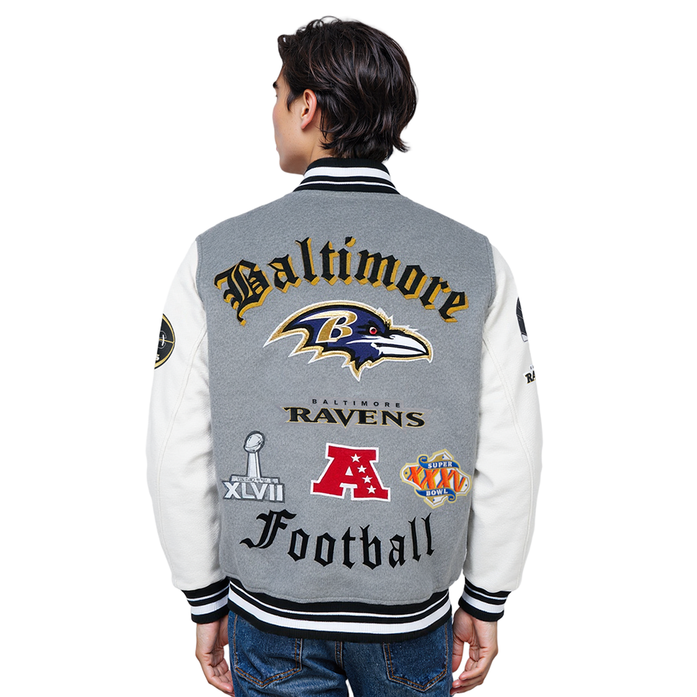 NFL BALTIMORE RAVENS OLD ENGLISH MEN'S RIB WOOL VARSITY JACKET (HEATHER GREY/WHITE/BLACK)