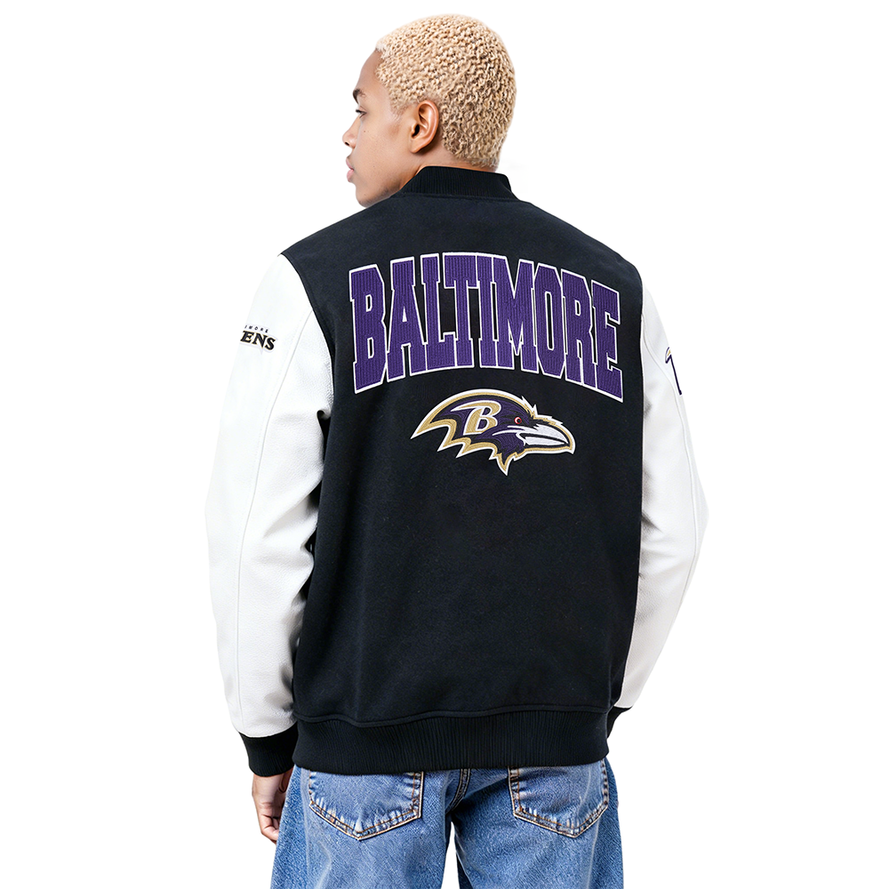 NFL BALTIMORE RAVENS CITY ARCH MEN'S WOOL VARSITY JACKET (BLACK/WHITE)