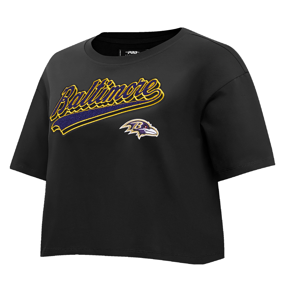 NFL BALTIMORE RAVENS SCRIPT TAIL WOMEN'S SJ BOXY TEE (BLACK)
