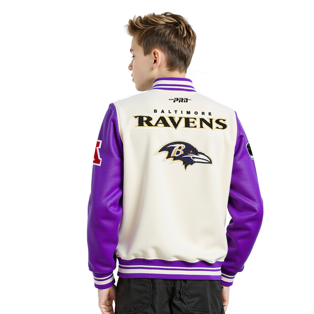 NFL BALTIMORE RAVENS RETRO CLASSIC BIG BOY'S RIB WOOL VARSITY JACKET (EGGSHELL/ PURPLE)