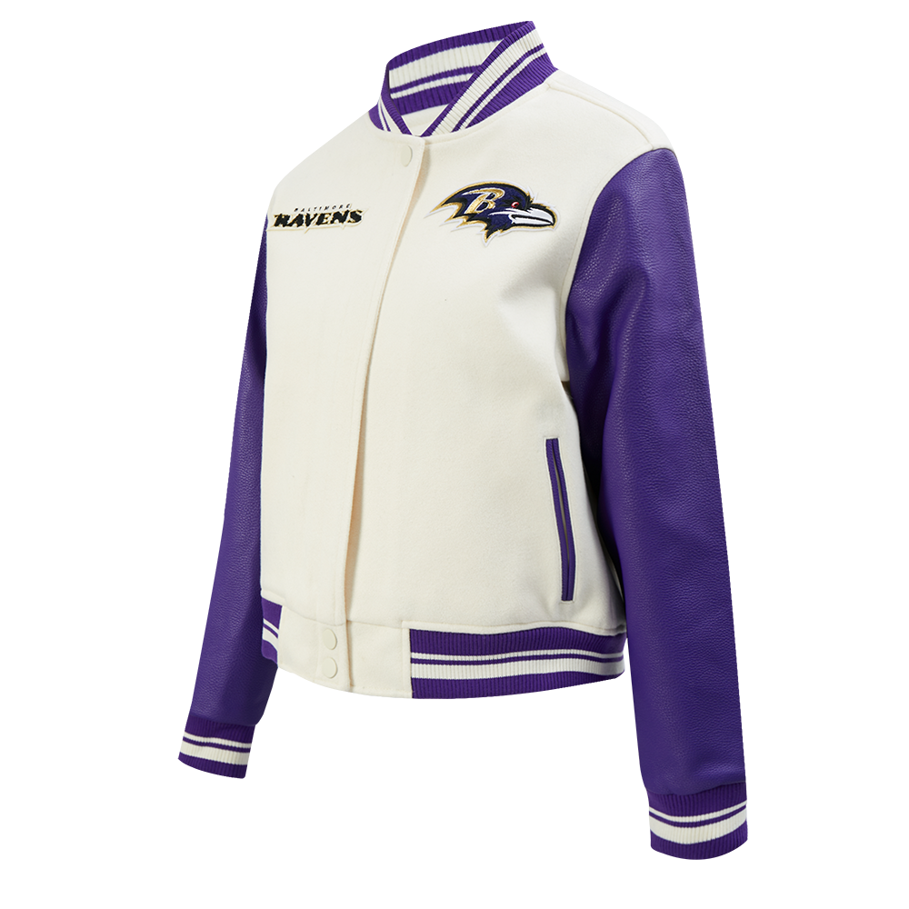 NFL BALTIMORE RAVENS RETRO CLASSIC WOMEN'S RIB WOOL VARSITY JACKET (EGGSHELL/ PURPLE)