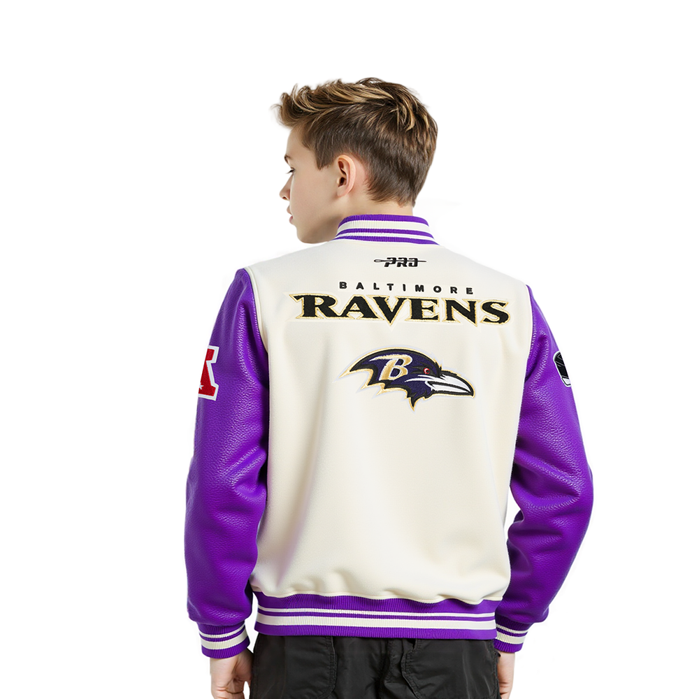 NFL BALTIMORE RAVENS RETRO CLASSIC LITTLE BOY'S RIB WOOL VARSITY JACKET (EGGSHELL/ PURPLE)