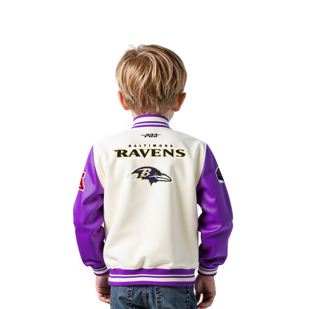 NFL BALTIMORE RAVENS RETRO CLASSIC TODDLER BOY'S RIB WOOL VARSITY JACKET (EGGSHELL/ PURPLE)