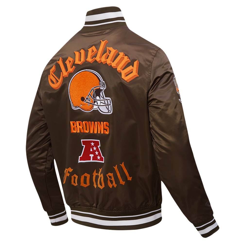 NFL CLEVELAND BROWNS OLD ENGLISH MEN'S RIB SATIN JACKET (BROWN)