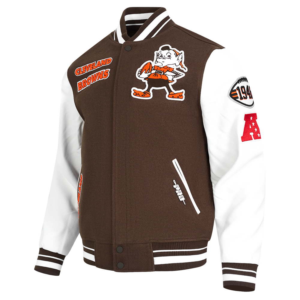 NFL CLEVELAND BROWNS RETRO CLASSIC MEN'S RIB WOOL VARSITY JACKET (BROWN/WHITE/BROWN)