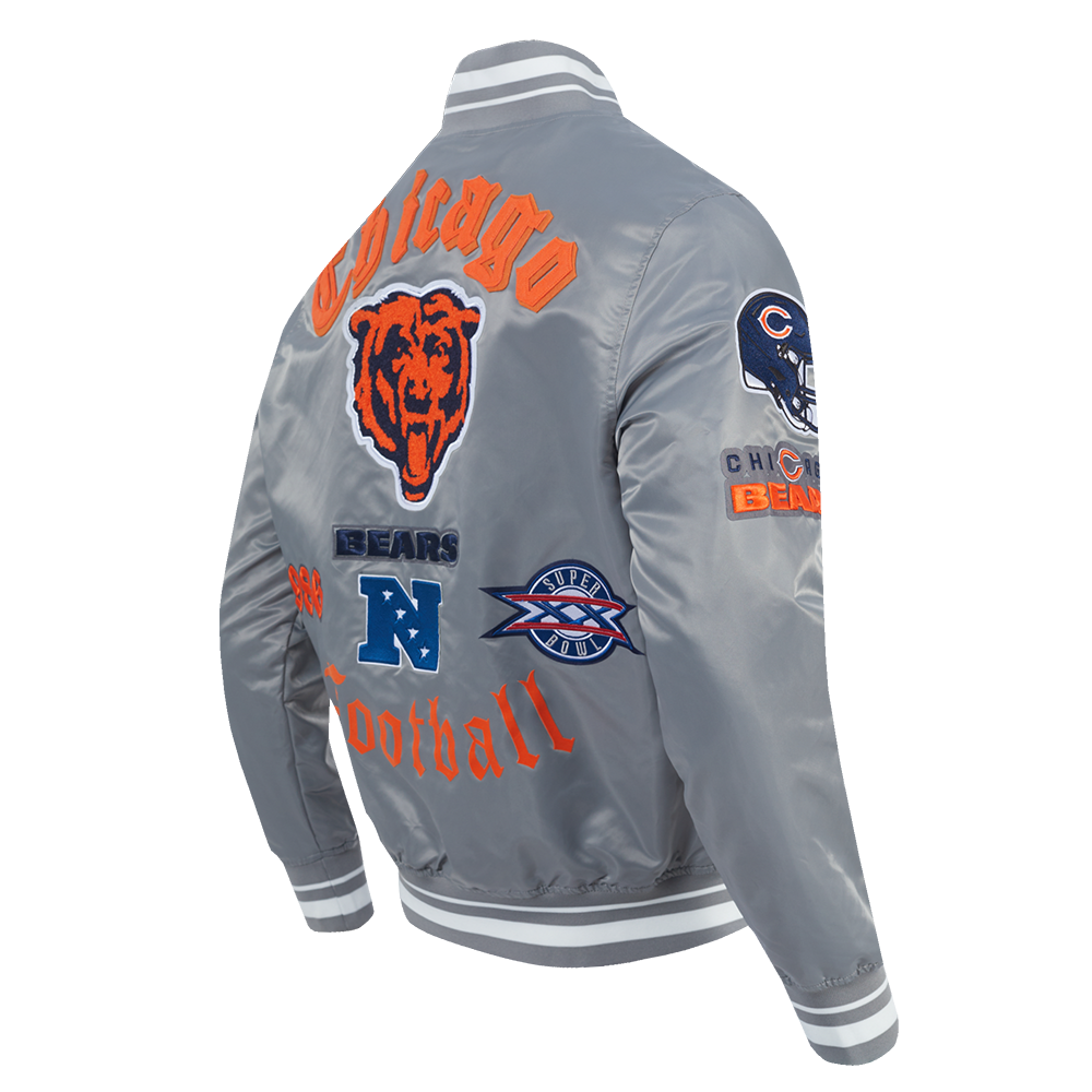 NFL CHICAGO BEARS OLD ENGLISH MEN'S RIB SATIN JACKET (GRAY)