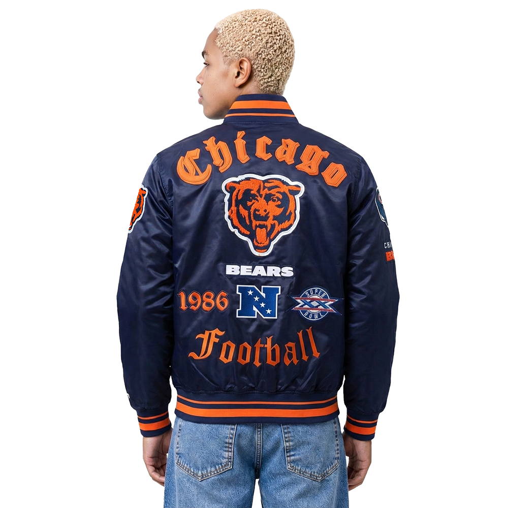 NFL CHICAGO BEARS OLD ENGLISH MEN'S RIB SATIN JACKET (MIDNIGHT NAVY/ORANGE/MIDNIGHT NAVY)