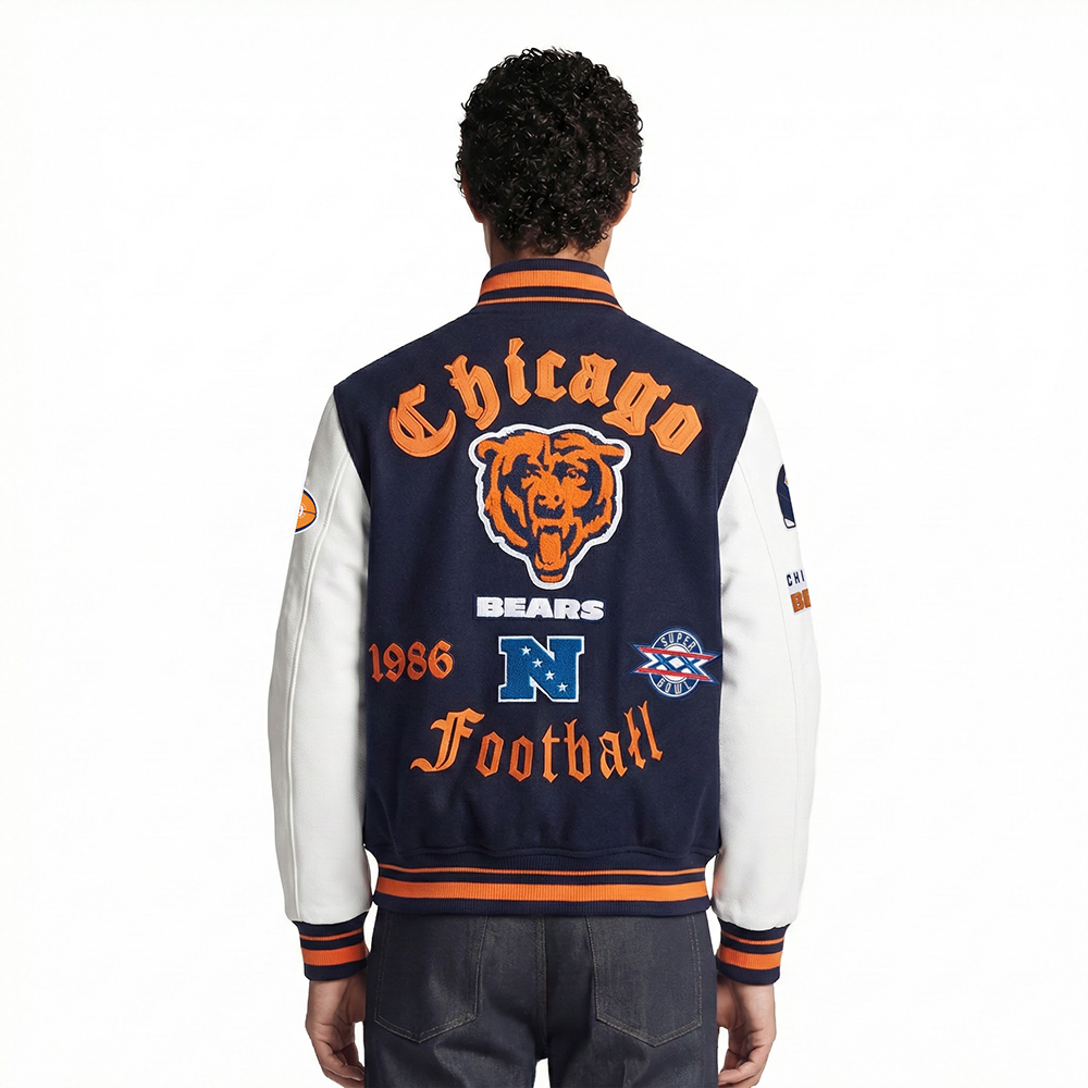 NFL CHICAGO BEARS OLD ENGLISH MEN'S RIB WOOL VARSITY JACKET (MIDNIGHT NAVY/ORANGE/MIDNIGHT NAVY)