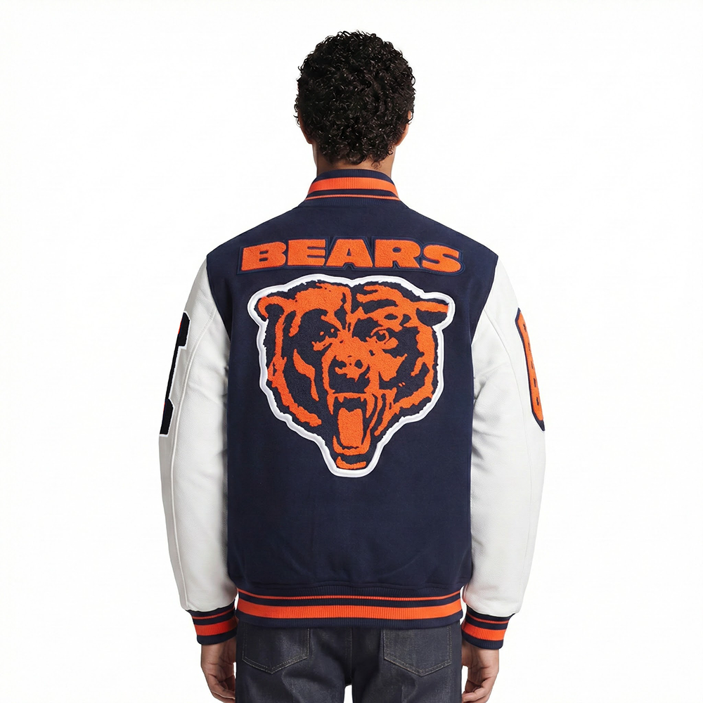 NFL CHICAGO BEARS MASHUP MEN'S RIB WOOL VARSITY JACKET (MIDNIGHT NAVY/ORANGE/MIDNIGHT NAVY)