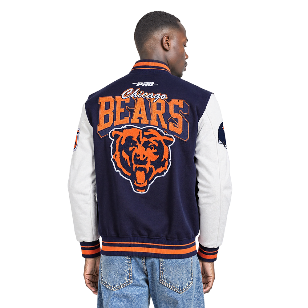 NFL CHICAGO BEARS TEAM BADGE MEN'S RIB WOOL VARSITY JACKET (MIDNIGHT NAVY/ORANGE/MIDNIGHT NAVY)