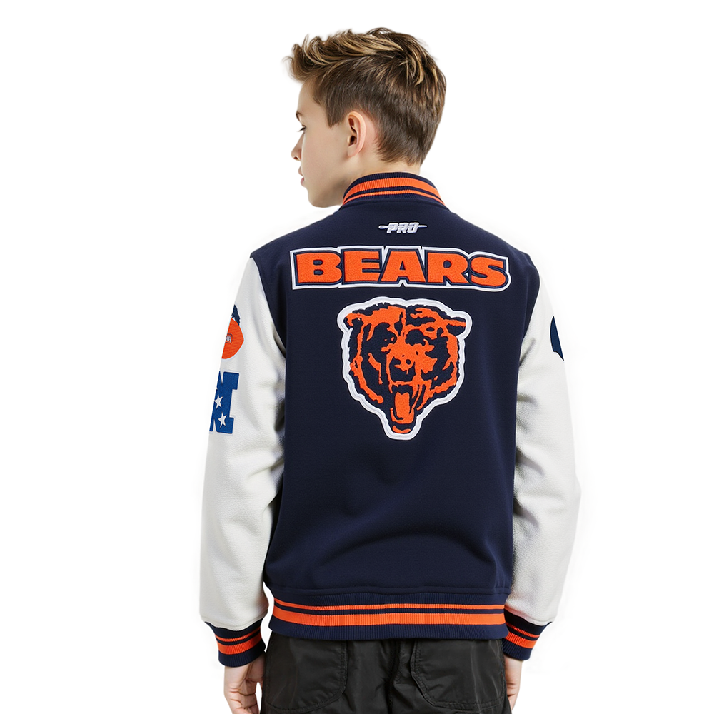 NFL CHICAGO BEARS RETRO CLASSIC BIG BOYS RIB WOOL VARSITY JACKET (MIDNIGHT NAVY/ORANGE/MIDNIGHT NAVY)