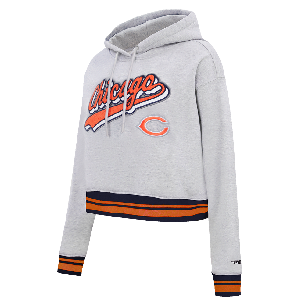 NFL CHICAGO BEARS SCRIPT TAIL WOMEN'S RIB FLC CROPPED PO HOODIE (HEATHER GREY/MIDNIGHT NAVY/ORANGE)