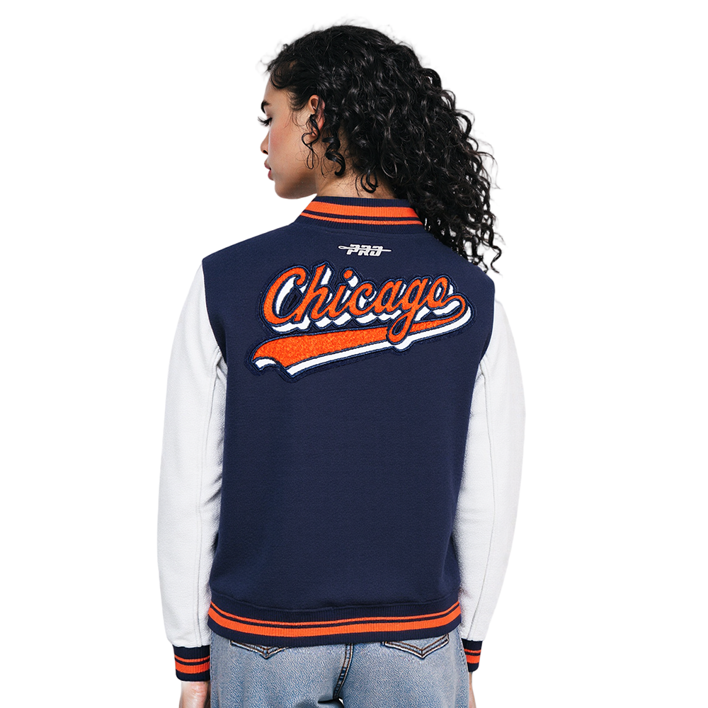 NFL CHICAGO BEARS SCRIPT TAIL WOMEN'S WOOL VARSITY JACKET (MIDNIGHT NAVY/ORANGE/MIDNIGHT NAVY)