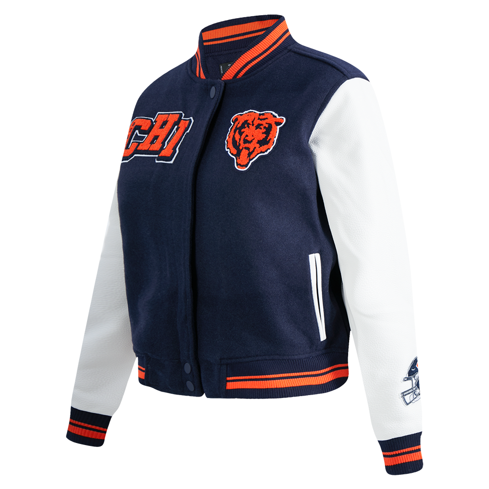 NFL CHICAGO BEARS MASHUP WOMEN'S RIB WOOL VARSITY JACKET (MIDNIGHT NAVY/ORANGE/MIDNIGHT NAVY)