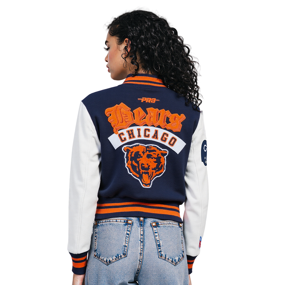 NFL CHICAGO BEARS BEST OF WOMEN'S CROPPED RIB WOOL VARSITY JACKET (MIDNIGHT NAVY/ORANGE/MIDNIGHT NAVY)