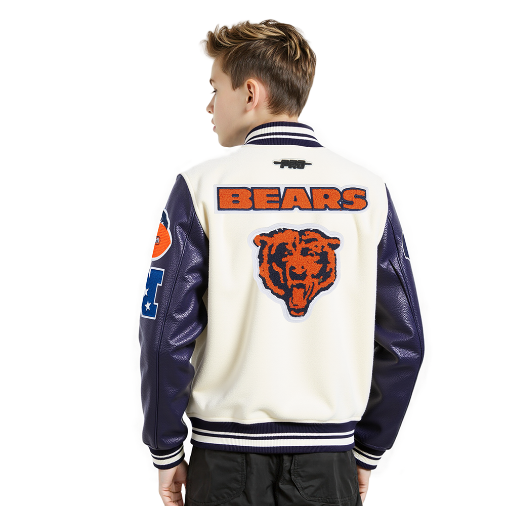 NFL CHICAGO BEARS RETRO CLASSIC LITTLE BOYS RIB WOOL VARSITY JACKET (EGGSHELL/ MIDNIGHT NAVY)
