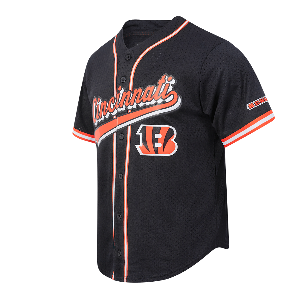 NFL CINCINNATI BENGALS SCRIPT TAIL MEN'S MESH BUTTON DOWN SHIRT (BLACK/ORANGE)