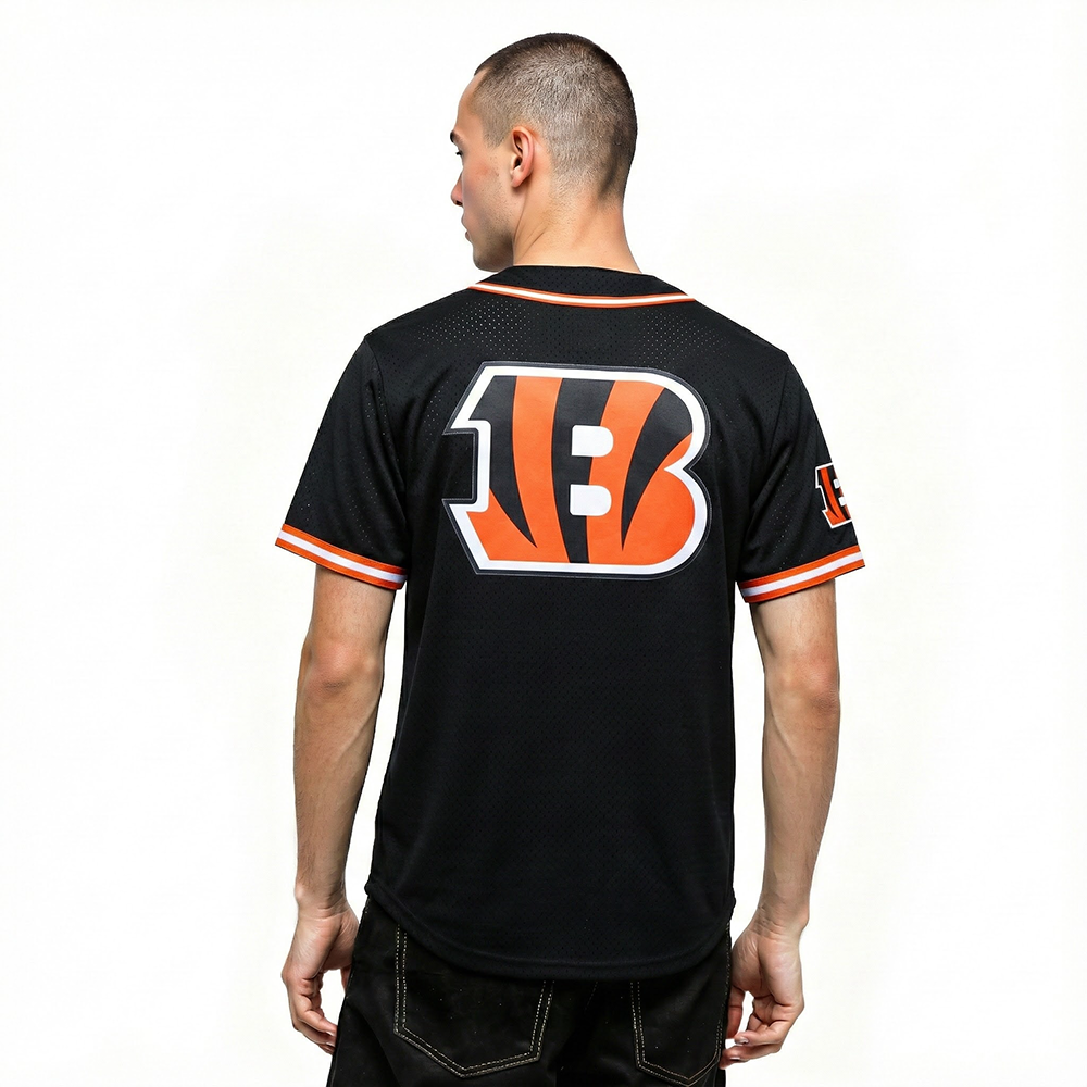 NFL CINCINNATI BENGALS JOE BURROW #9 CLASSIC MESH PNN MEN'S MESH BUTTON DOWN SHIRT (BLACK/ORANGE)