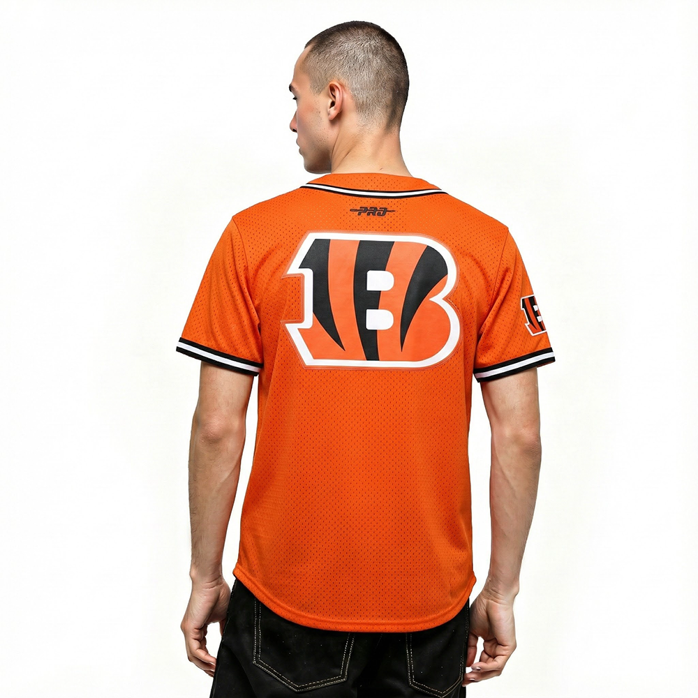 NFL CINCINNATI BENGALS JOE BURROW #9 CLASSIC MESH PNN MEN'S MESH BUTTON DOWN SHIRT (ORANGE/BLACK)