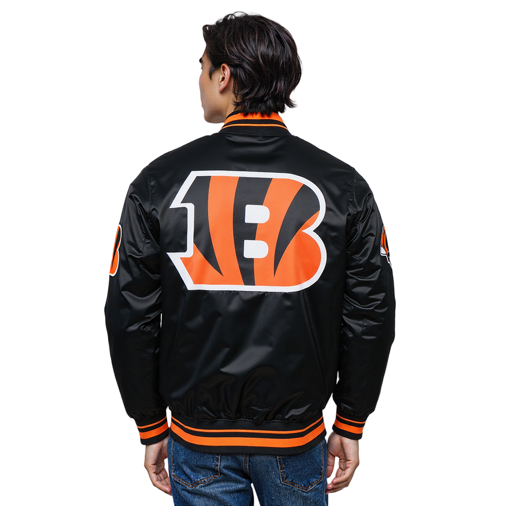 NFL CINCINNATI BENGALS SCRIPT TAIL MEN'S SATIN JACKET (BLACK/ORANGE)