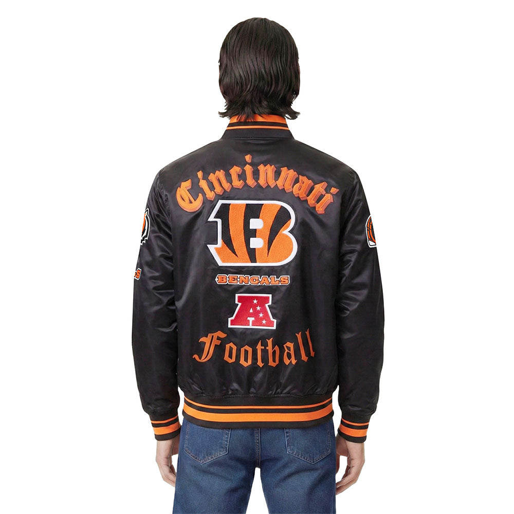 NFL CINCINNATI BENGALS OLD ENGLISH MEN'S RIB SATIN JACKET (BLACK/ORANGE)