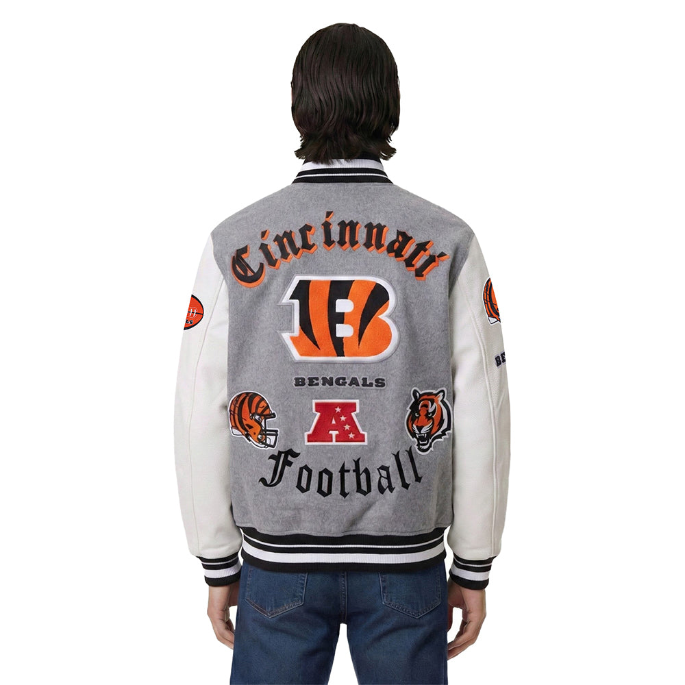 NFL CINCINNATI BENGALS OLD ENGLISH MEN'S RIB WOOL VARSITY JACKET (HEATHER GREY/WHITE/BLACK)