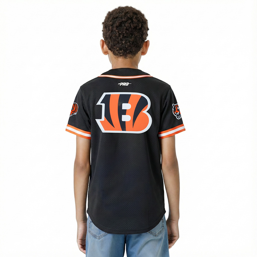 NFL CINCINNATI BENGALS CLASSIC BIG BOY'S MESH BUTTON DOWN SHIRT (BLACK/ORANGE)