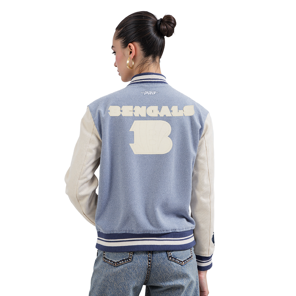 NFL CINCINNATI BENGALS VARSITY BLUES WOMEN'S  DENIM VARSITY JACKET (DENIM/LINEN)