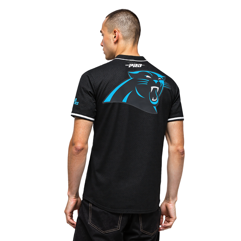 NFL CAROLINA PANTHERS SCRIPT TAIL MEN'S MESH BUTTON DOWN SHIRT (BLACK)