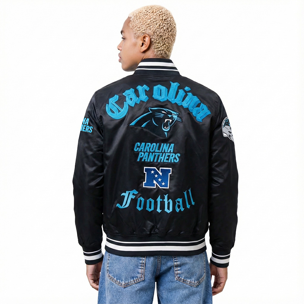 NFL CAROLINA PANTHERS OLD ENGLISH MEN'S RIB SATIN JACKET (BLACK)