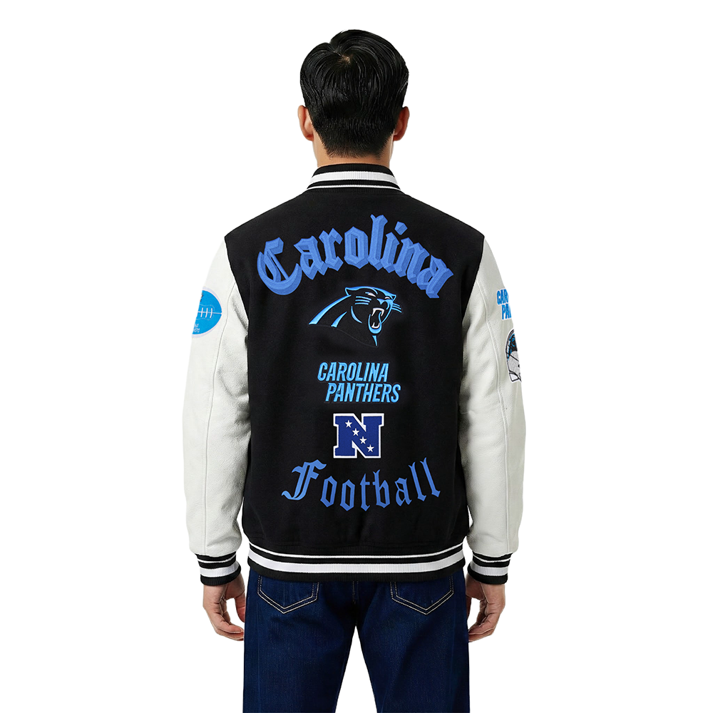 NFL CAROLINA PANTHERS OLD ENGLISH MEN'S RIB WOOL VARSITY JACKET (BLACK/WHITE)
