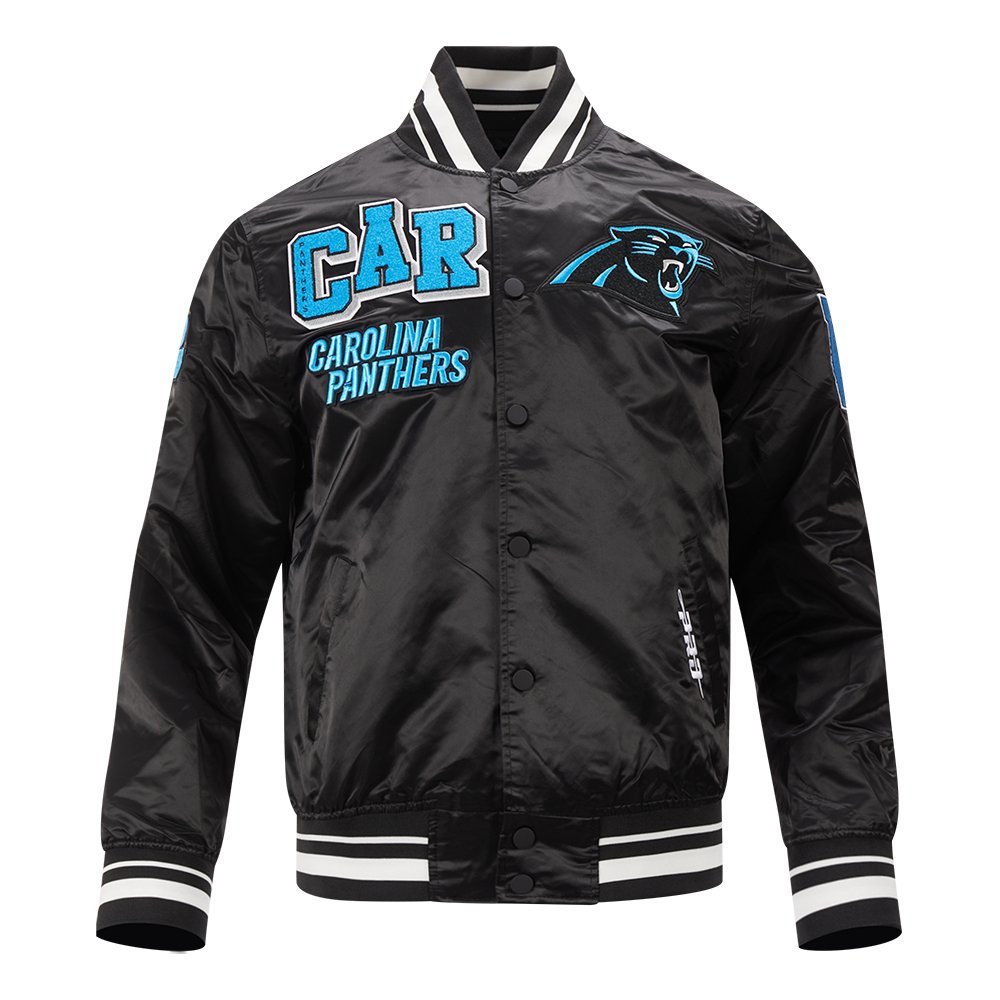 NFL CAROLINA PANTHERS OLD ENGLISH MEN'S RIB WOOL VARSITY JACKET (HEATHER GREY/WHITE/BLACK)