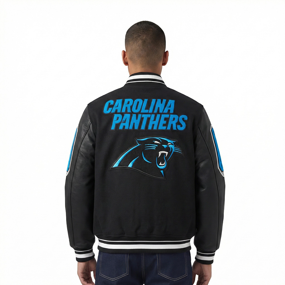 NFL CAROLINA PANTHERS MASHUP MEN'S RIB WOOL VARSITY JACKET (BLACK)
