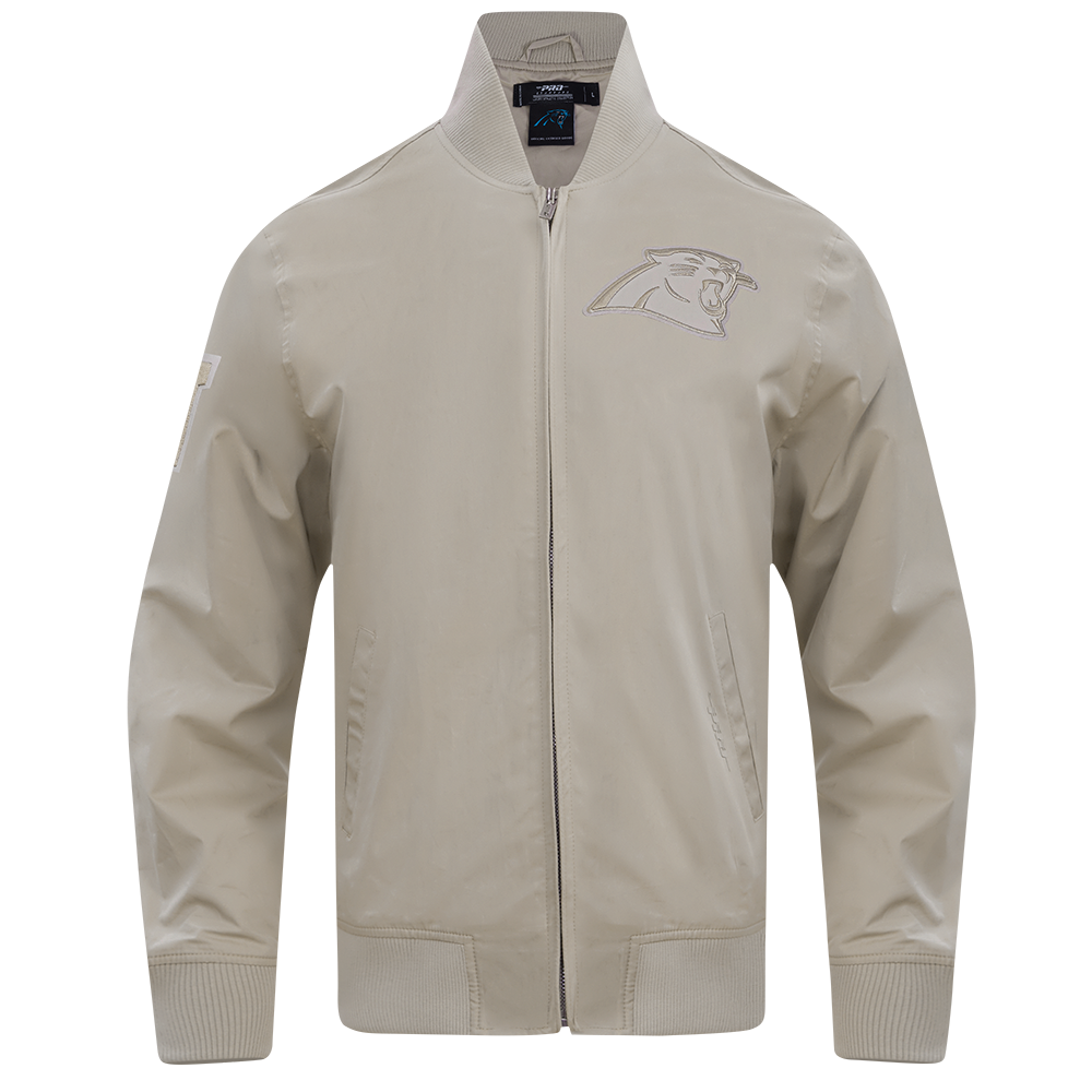 NFL CAROLINA PANTHERS OLD ENGLISH MEN'S RIB WOOL VARSITY JACKET (HEATHER GREY/WHITE/BLACK)