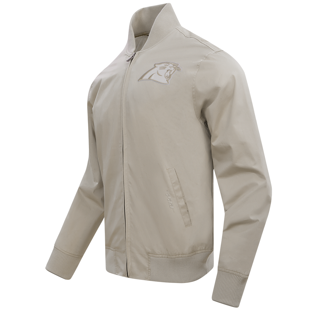 NFL CAROLINA PANTHERS OLD ENGLISH MEN'S RIB WOOL VARSITY JACKET (HEATHER GREY/WHITE/BLACK)