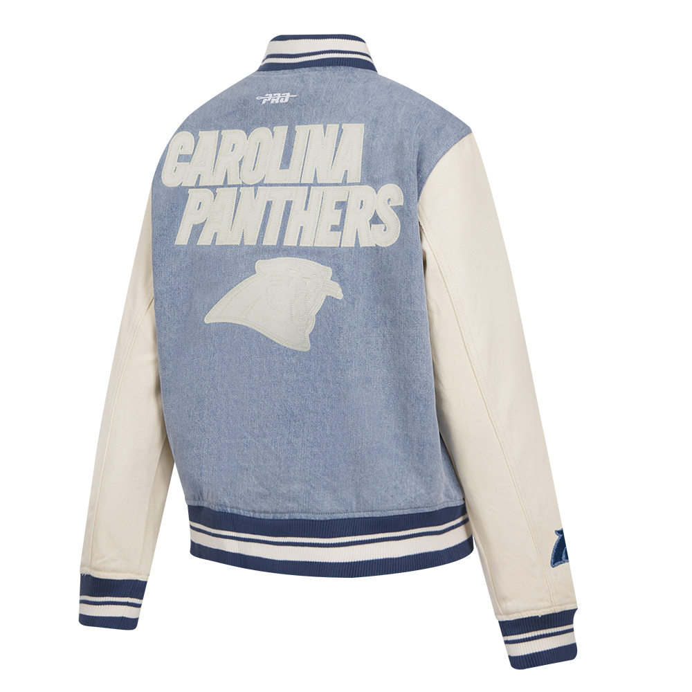 NFL CAROLINA PANTHERS VARSITY BLUES WOMEN'S  DENIM VARSITY JACKET (DENIM/LINEN)