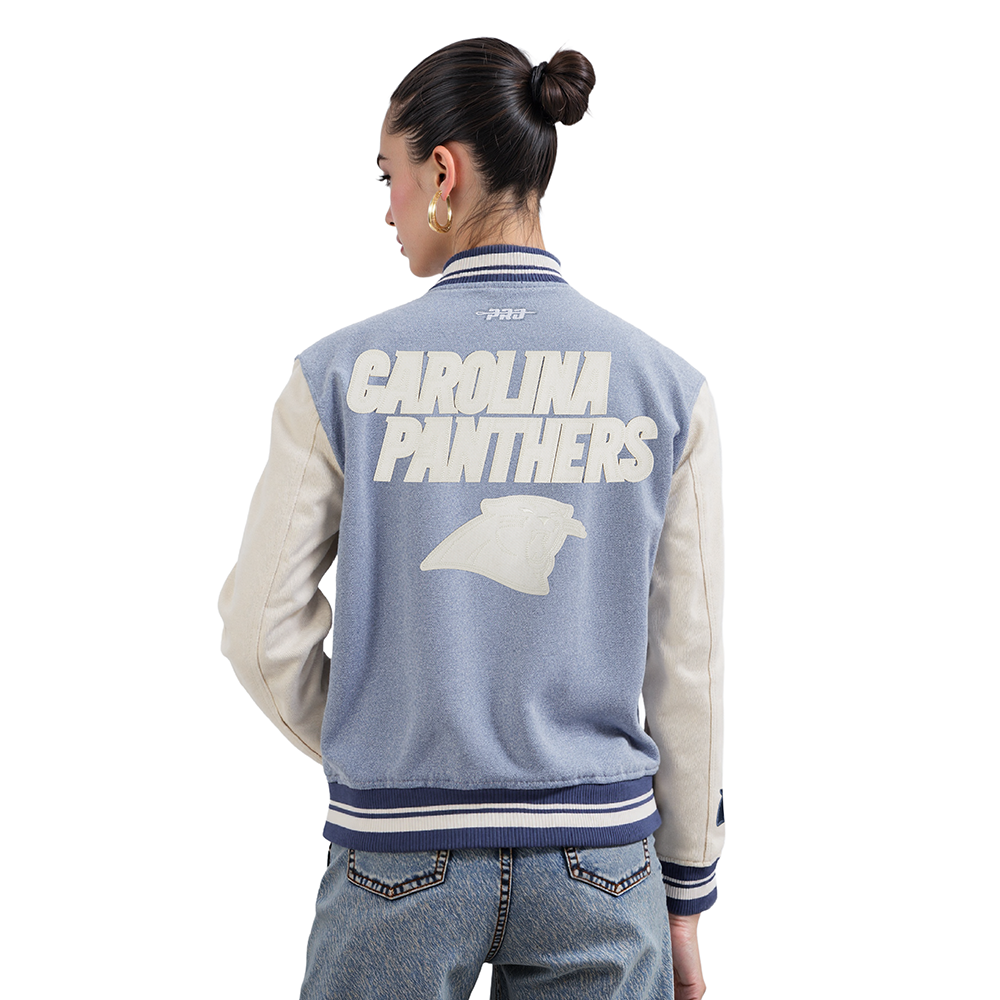 NFL CAROLINA PANTHERS VARSITY BLUES WOMEN'S  DENIM VARSITY JACKET (DENIM/LINEN)