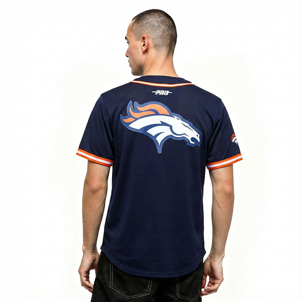 NFL DENVER BRONCOS BO NIX #10 CLASSIC MESH PNN MEN'S MESH BUTTON DOWN SHIRT (MIDNIGHT NAVY/ORANGE)