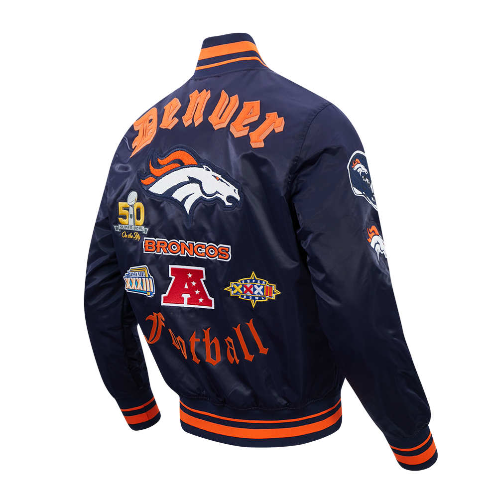 NFL DENVER BRONCOS OLD ENGLISH MEN'S RIB SATIN JACKET (MIDNIGHT NAVY/ORANGE/MIDNIGHT NAVY)