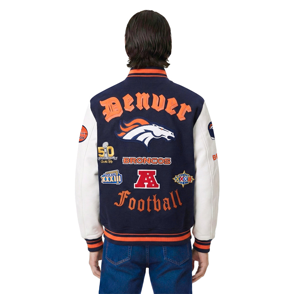 NFL DENVER BRONCOS OLD ENGLISH MEN'S RIB WOOL VARSITY JACKET (MIDNIGHT NAVY/ORANGE/MIDNIGHT NAVY)