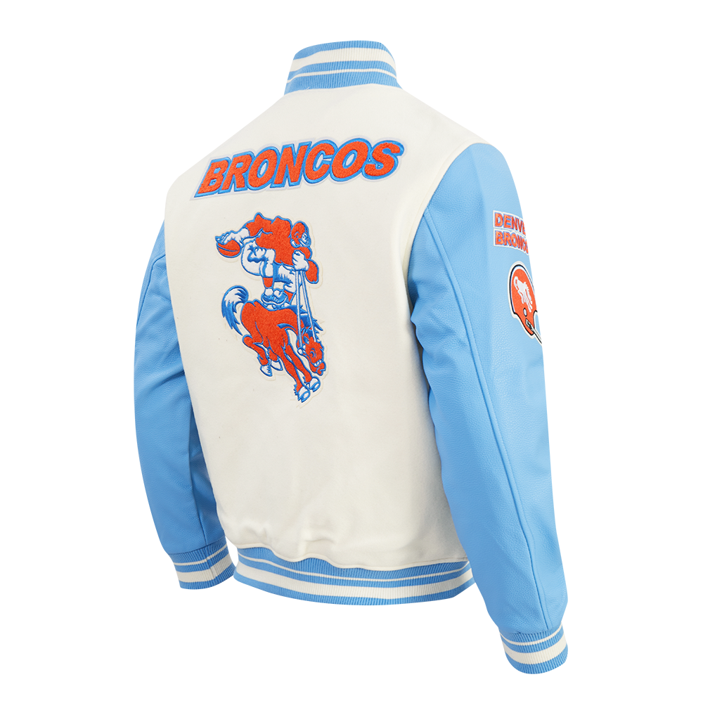 NFL DENVER BRONCOS RETRO CLASSIC MEN'S RIB WOOL VARSITY JACKET (EGGSHELL/UNIVERSITY BLUE)