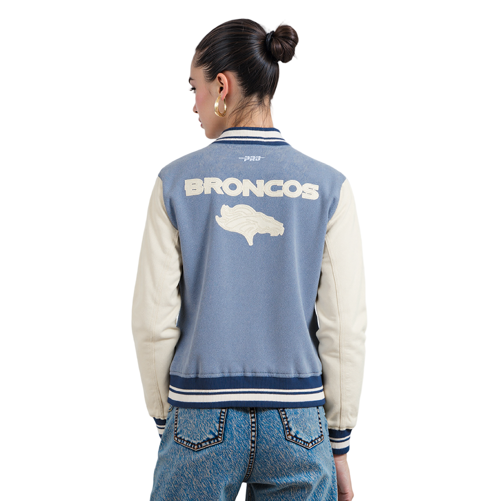 NFL DENVER BRONCOS VARSITY BLUES WOMEN'S DENIM VARSITY JACKET (DENIM/LINEN)