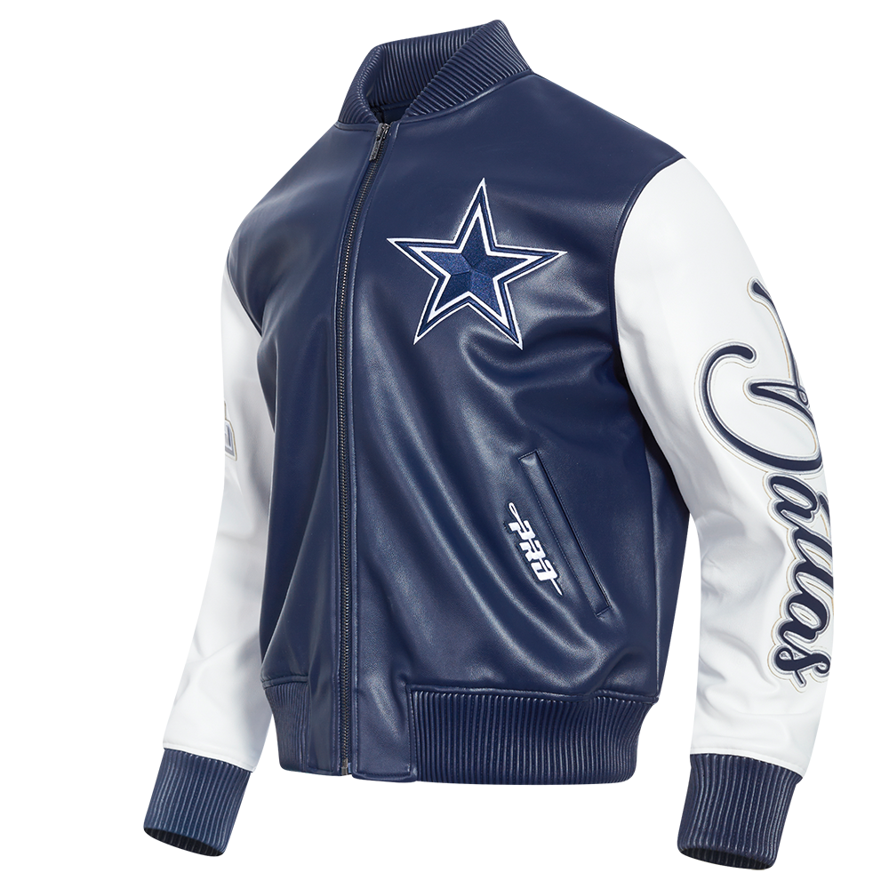 NFL DALLAS COWBOYS CITY SIGNATURE MEN'S LEATHER VARSITY JACKET (MIDNIGHT NAVY/WHITE)