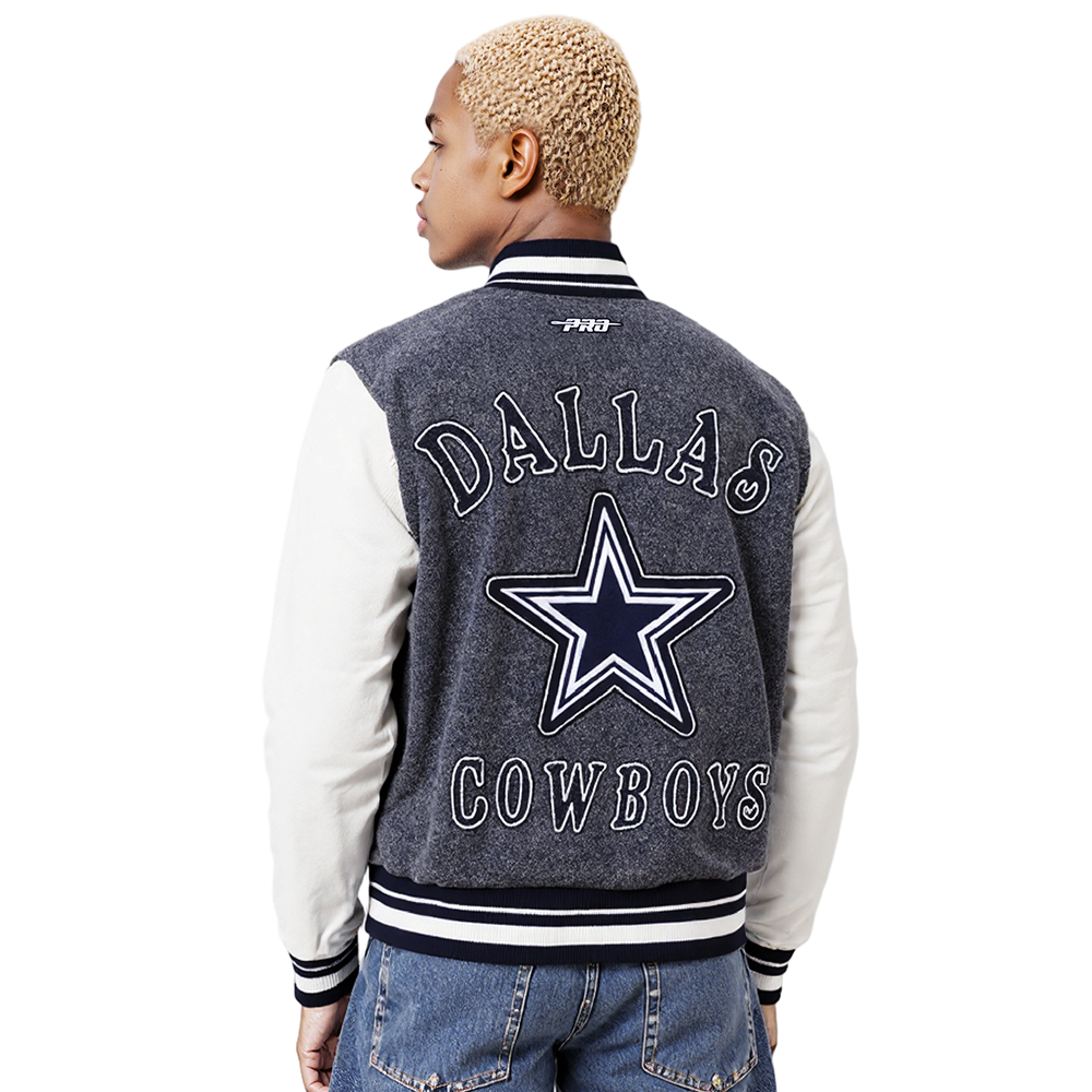 NFL DALLAS COWBOYS REBEL ATHLETICS MEN'S DENIM VARSITY JACKET (WASHED BLACK/EGGSHELL)