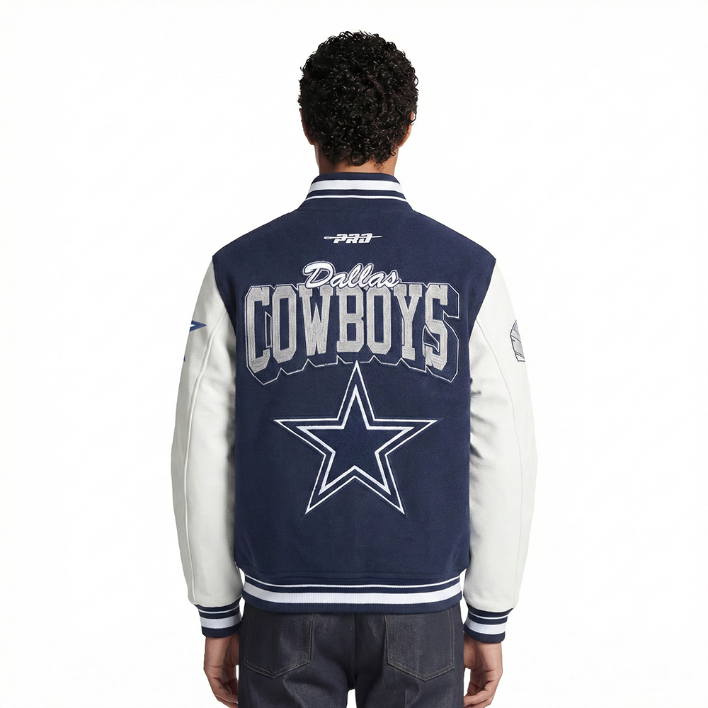 NFL DALLAS COWBOYS TEAM BADGE MEN'S RIB WOOL VARSITY JACKET (MIDNIGHT NAVY/WHITE)