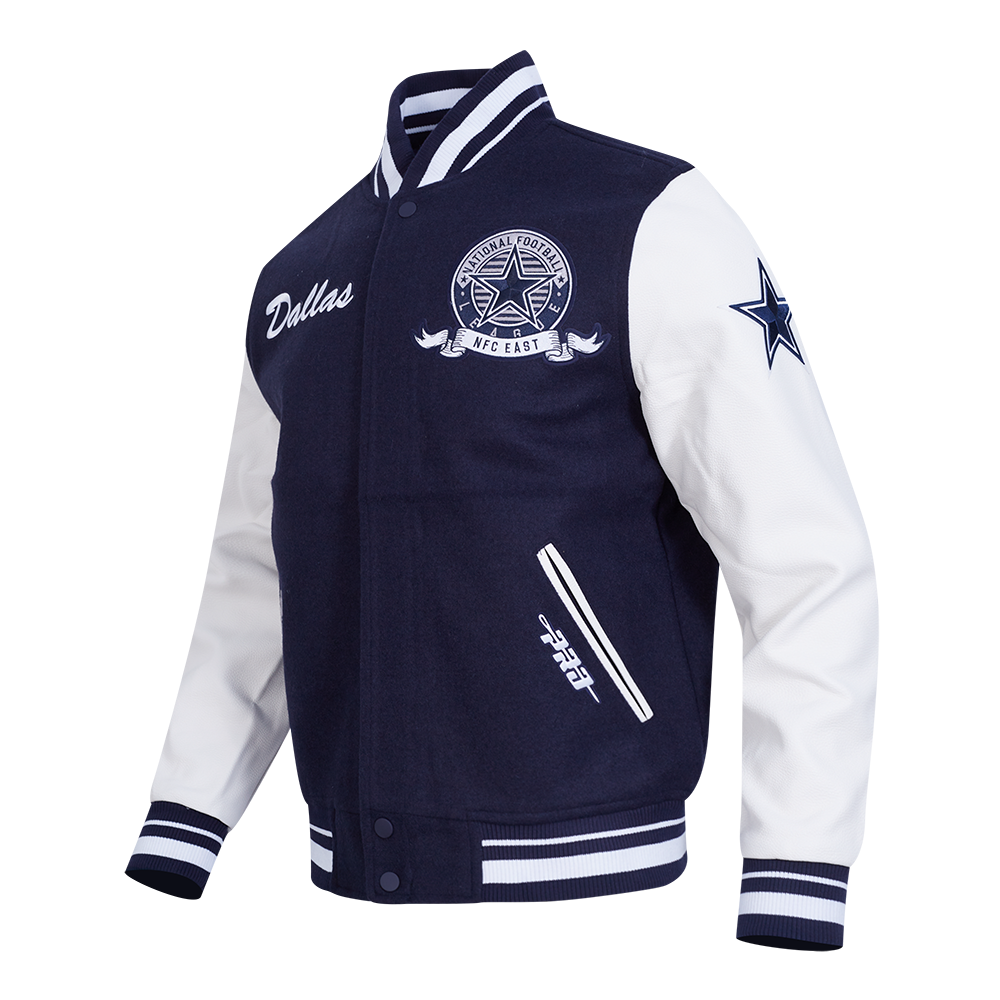 NFL DALLAS COWBOYS TEAM BADGE MEN'S RIB WOOL VARSITY JACKET (MIDNIGHT NAVY/WHITE)