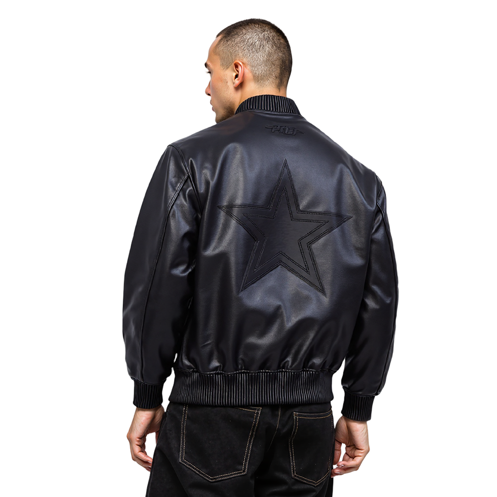NFL DALLAS COWBOYS WASHED VANGUARD MEN'S LEATHER VARSITY JACKET (JET BLACK)