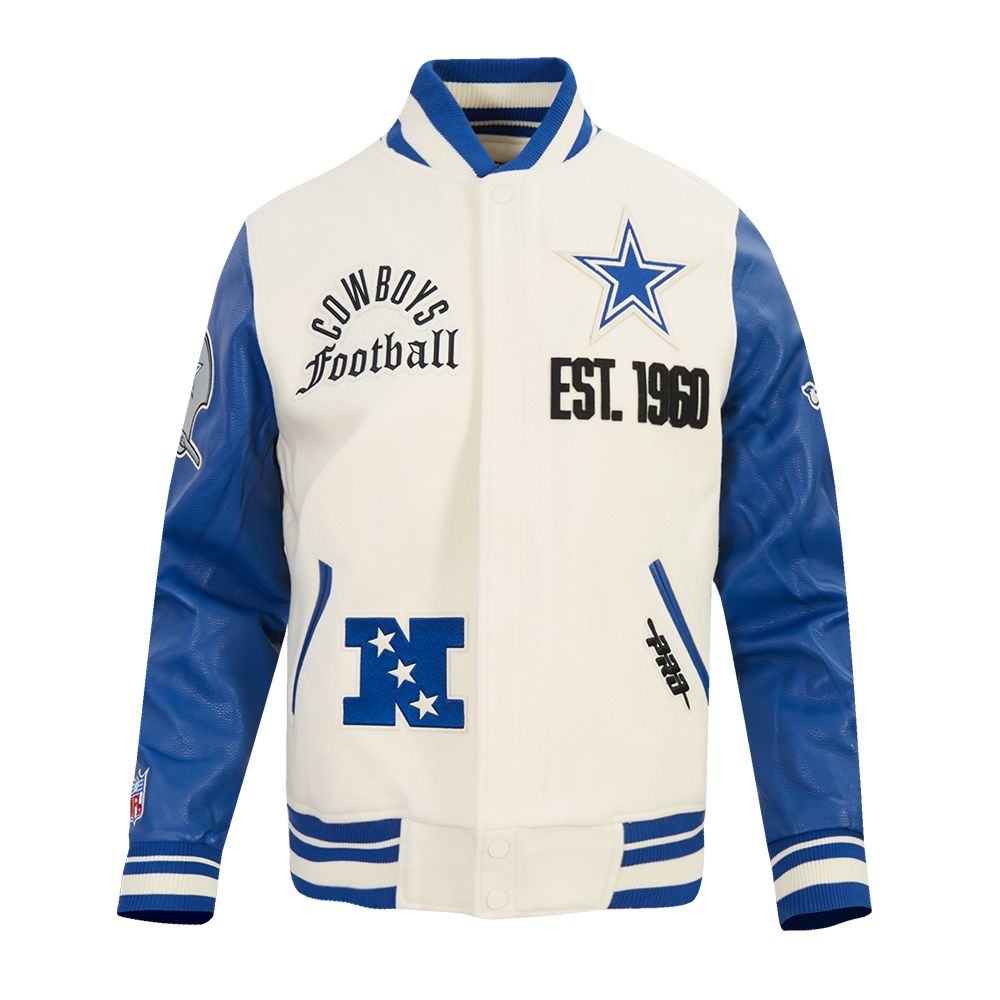 NFL DALLAS COWBOYS MODERN ORIGINALS MEN'S RIB WOOL VARSITY JACKET (EGGSHELL/DODGER BLUE)