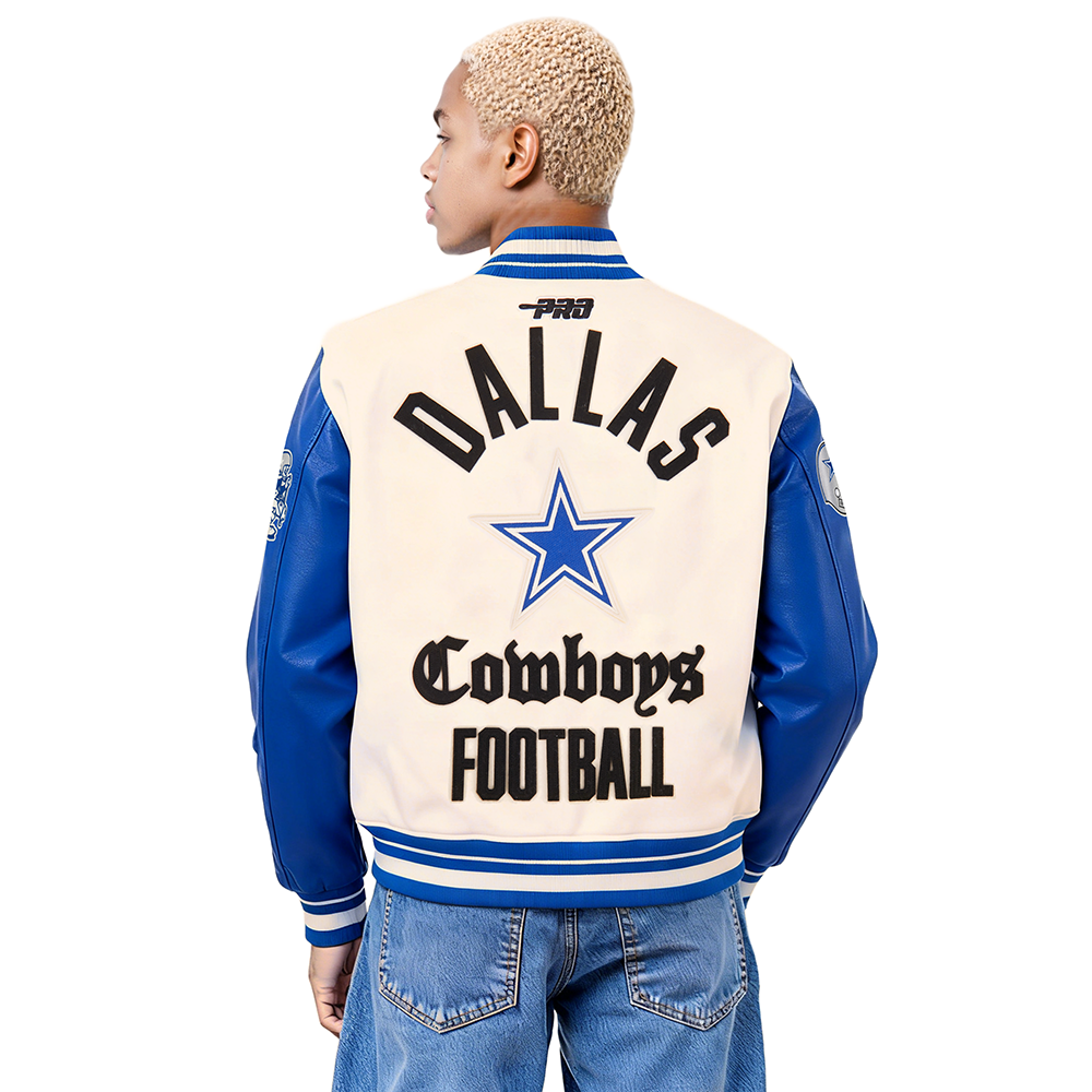 NFL DALLAS COWBOYS MODERN ORIGINALS MEN'S RIB WOOL VARSITY JACKET (EGGSHELL/DODGER BLUE)